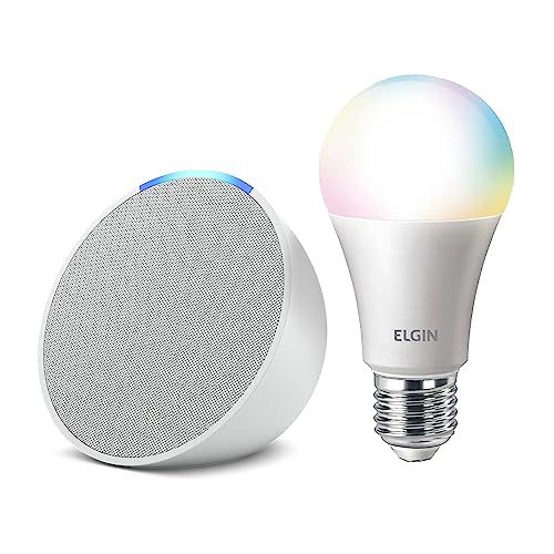Echo Pop | Smart speaker compacto com som envolvente e Alexa | Cor Branca + Lâmpada Elgin 10W