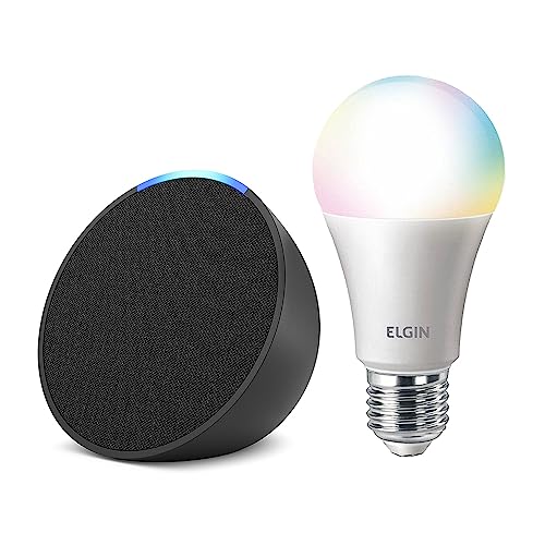 Echo Pop | Smart speaker compacto com som envolvente e Alexa | Cor Preta+ Lâmpada Elgin 10W